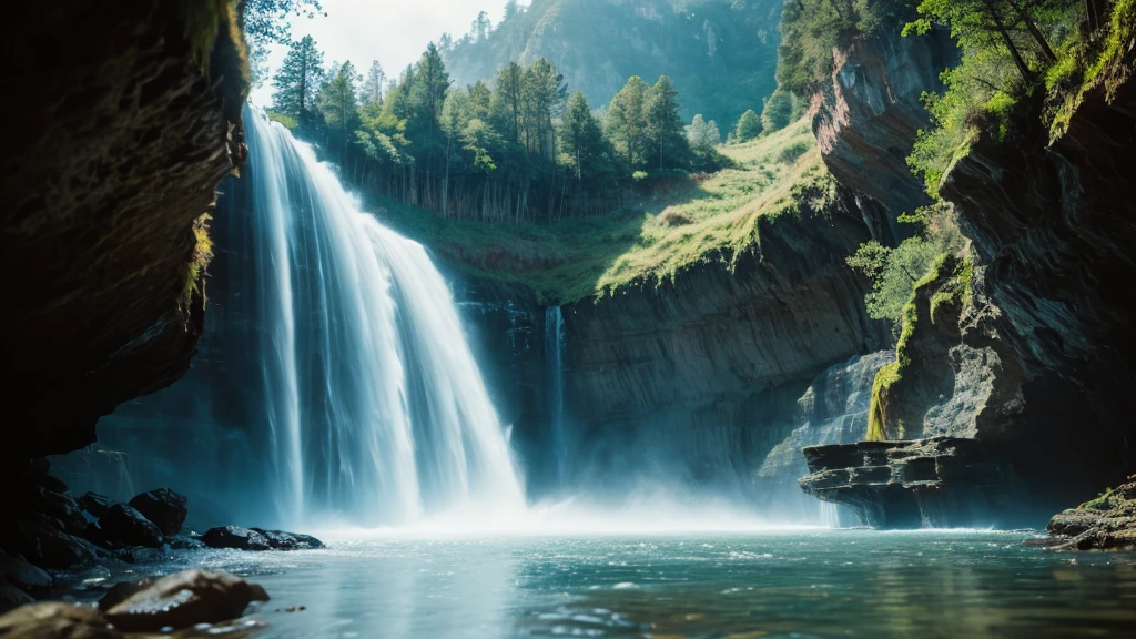cinematic film still waterfall flowing over a giant cliff, HDR, 8K, shallow depth of field, vignette, highly detailed, high budget Hollywood film, bokeh, cinemascope, moody, epic, gorgeous, film grain