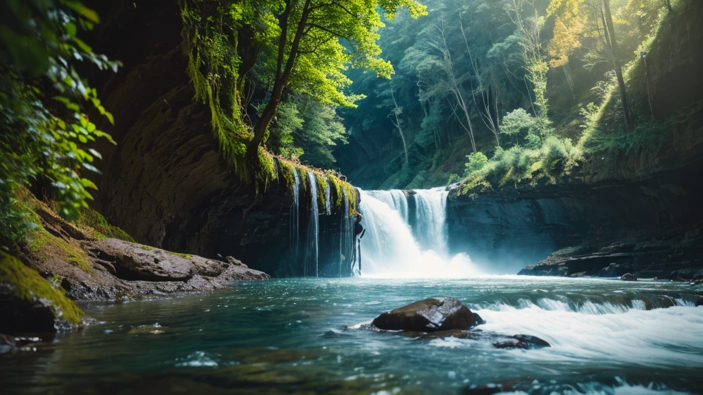 cinematic film still waterfall flowing over a giant cliff, HDR, 8K, shallow depth of field, vignette, highly detailed, high budget Hollywood film, bokeh, cinemascope, moody, epic, gorgeous, film grain