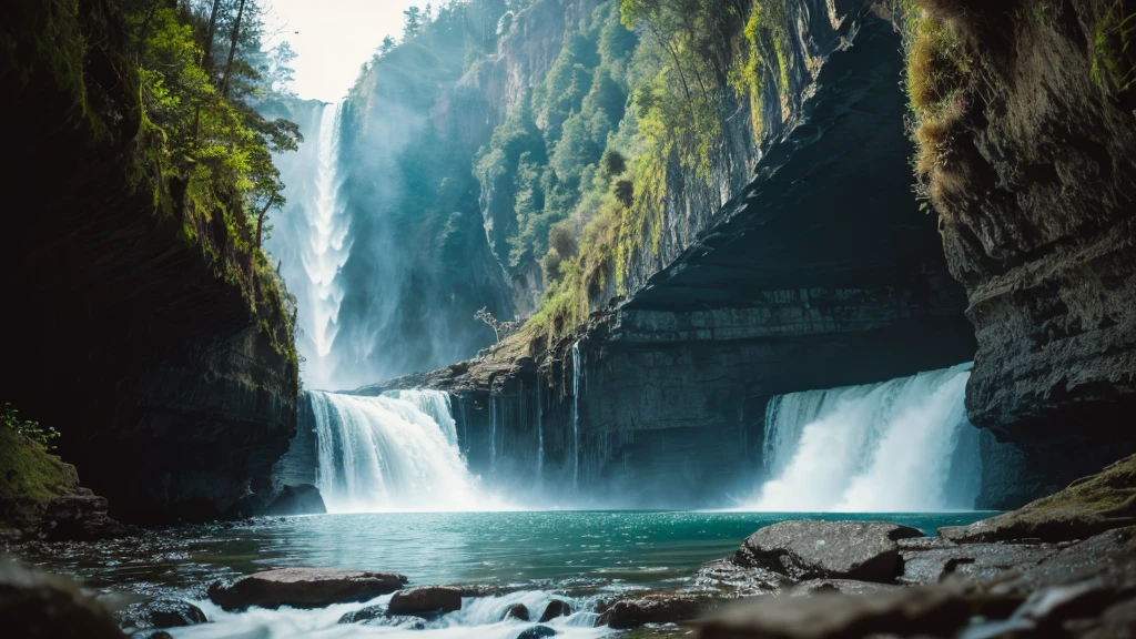 cinematic film still waterfall flowing over a giant cliff, HDR, 8K, shallow depth of field, vignette, highly detailed, high budget Hollywood film, bokeh, cinemascope, moody, epic, gorgeous, film grain