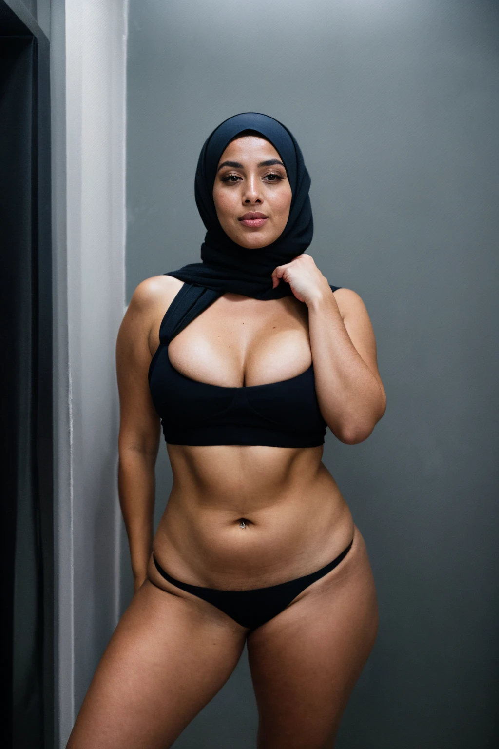 RAW photo,dark,moody,hazy atmosphere,35mm focal lenght,underexposed,cold,candid photograph,artistic,full body,photo of a beautiful,influencer,30yo Moroccan woman,hijab,detailed skin,fully naked, looking at viewer, chubby body structure,grey background,no background, candid pose,dim room,blue light, film grain, kodak color, instagram LUT