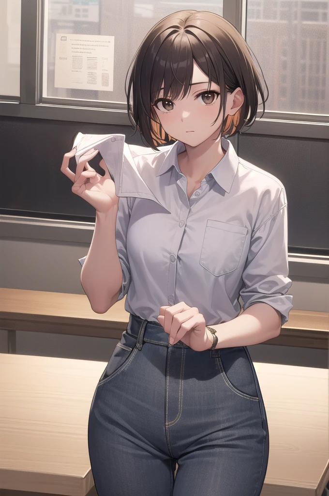 blue eyes,Highest quality,High resolution,unity 8k wallpaper,(shape:0.8),(Beautiful and exquisite:1.6),Detailed face,Perfect lighting,Detailed CG,(Perfect hands, Perfect Anatomy),Female student,White shirt,(White panties:1.0),Brown Hair,Medium Hair,Cut off,Shirt Lift Pose