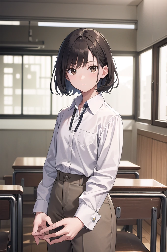 ayumuaikawa, ayumu aikawa, short hair, Grey Hair, (Brown eyes:1.3), Male Focus,
break short hair, shirt, white shirt, collared shirt, pants,
break indoors, classroom,
break looking at viewer, (Cowboy Shot:1.5),
break (masterpiece:1.2), Highest quality, High resolution, unity 8k wallpaper, (figure:0.8), (Beautiful attention to detail:1.6), Highly detailed face, Perfect lighting, Highly detailed CG, (Perfect hands, Perfect Anatomy),