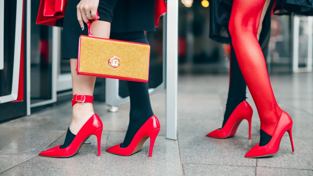 A chicken wearing red stilettos and holding a red pocketbook.