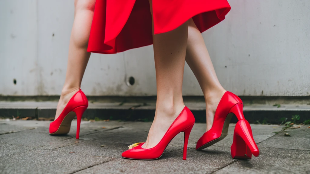 A chicken wearing red stilettos and holding a red pocketbook.