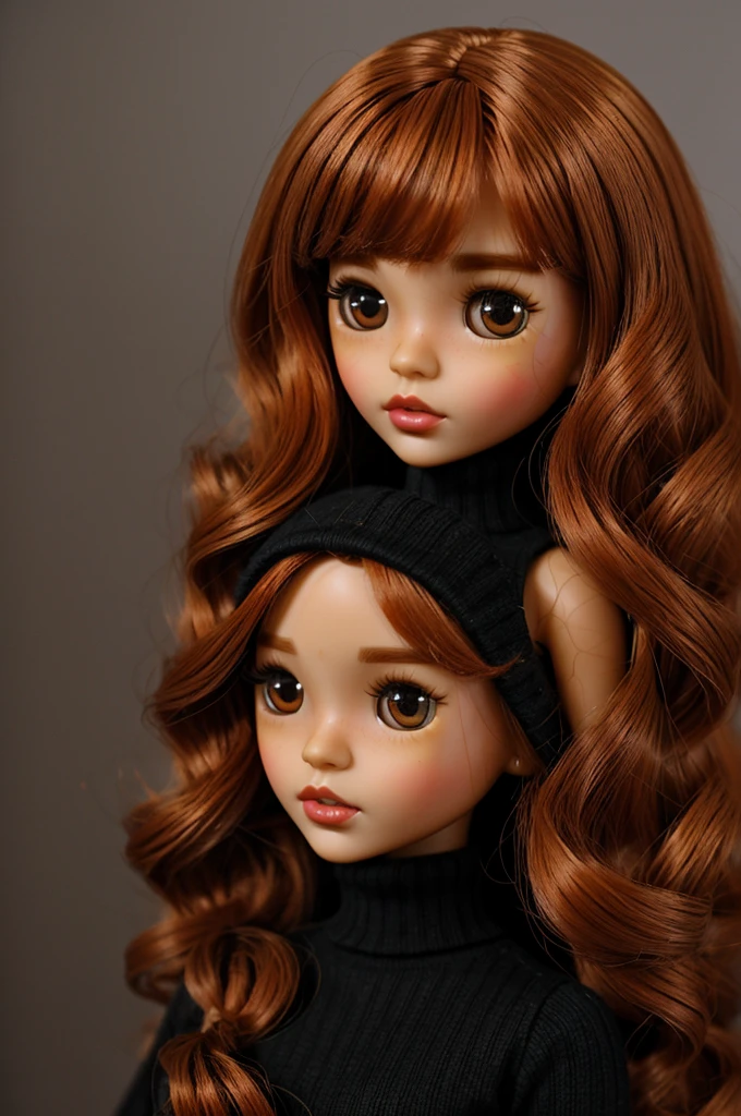 A blythedoll with dark skin and orange hair with shoulder-length curls, dressed in a black turtleneck, brown eyes and pompous lips 