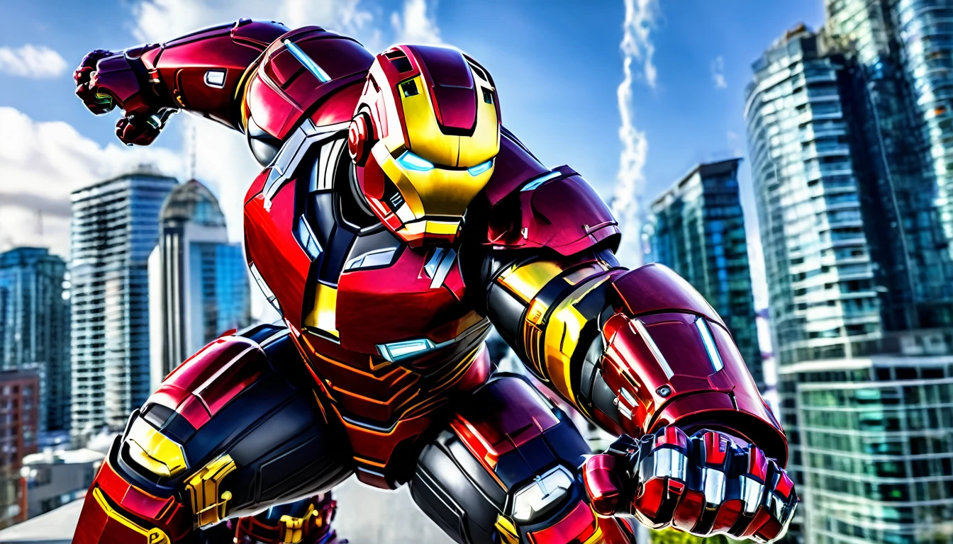 Hulkbuster ready for battle, Downtown Vancouver, high-quality artwork, realistic style, vibrant colors, detailed metal armor, glowing white arc reactor, intense lighting, cityscape background, heroic pose, dramatic shadows, black suit with red stripe highlights, repulser cannons on shoulders, dynamic motion, slams fist into ground, rockets out of arm, goalie faceplate, hockeye visor, supercharged with blue electricity, epic superhero