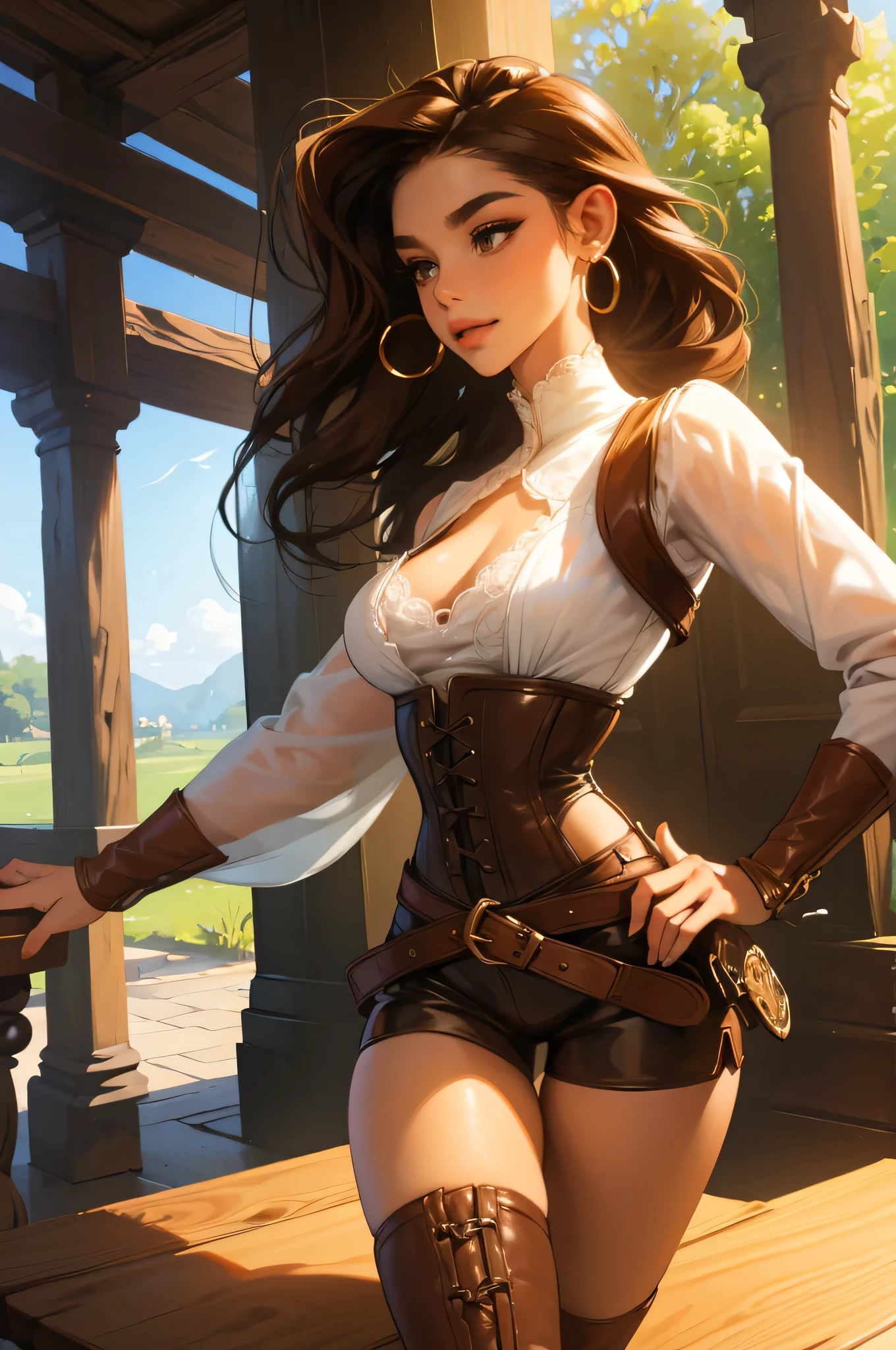 (masterpiece), best quality, expressive eyes, perfect face, (tavern background), (standing), (smirk), (closeup view), (1girl, vanessa alessia, dark skin, tanned skin, brown hair, wavy hairstyle, brown eyes, hourglass figure, thin body, skinny body, petite_body, medium breasts, thick thighs, long fingernails, white front lace blouse, long sleeve, loose fit, brown leather corset, brown leather shorts, brown boots, sheathed cutlass sword, flintlock pistol in holster, hoop earrings, miscellaneous jewelry), big breasts, stripping, elegant makeup, exhibitionism, naked in public, , slim thighs, toned body, shiny skin, sexy pose,narrow hips, wearing high hip thong and see-through top, amber eyes, (((girl stripping on table)))