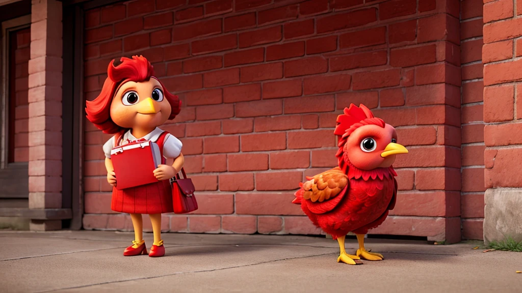 A chicken wearing red stilettos and holding a red pocketbook.