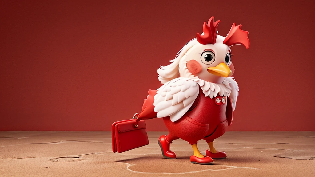 A chicken wearing red stilettos and holding a red pocketbook.