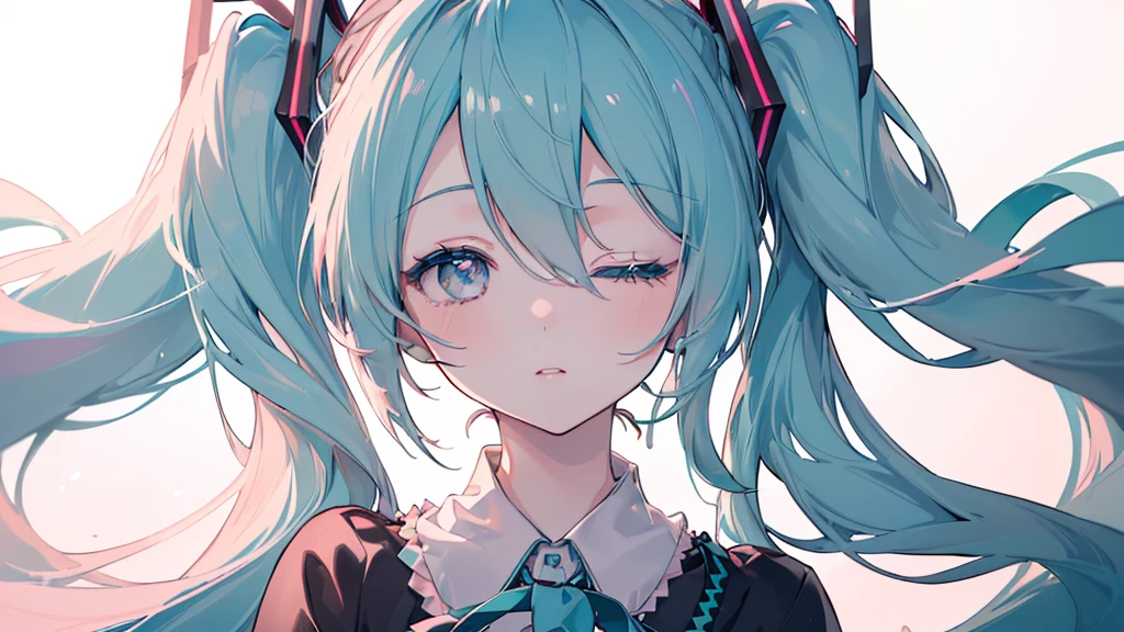 (Eyes closed)), (((Hatsune Miku))), (((Highest quality、masterpiece、Ultra-fine、Ultra-fine、Exquisite、16K、Full HD,high school girl,))) 、((Beautiful eyes)),Dark Eyes、Long eyelashes、White skin、(Pale pink lips、Pale pink cheeks、thin and long)、 ((cute)) ((One person)) 、((Black background))