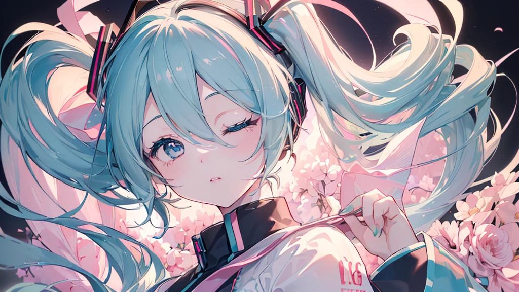 (Eyes closed)), (((Hatsune Miku))), (((Highest quality、masterpiece、Ultra-fine、Ultra-fine、Exquisite、16K、Full HD,high school girl,))) 、((Beautiful eyes)),Dark Eyes、Long eyelashes、White skin、(Pale pink lips、Pale pink cheeks、thin and long)、 ((cute)) ((One person)) 、((Black background))