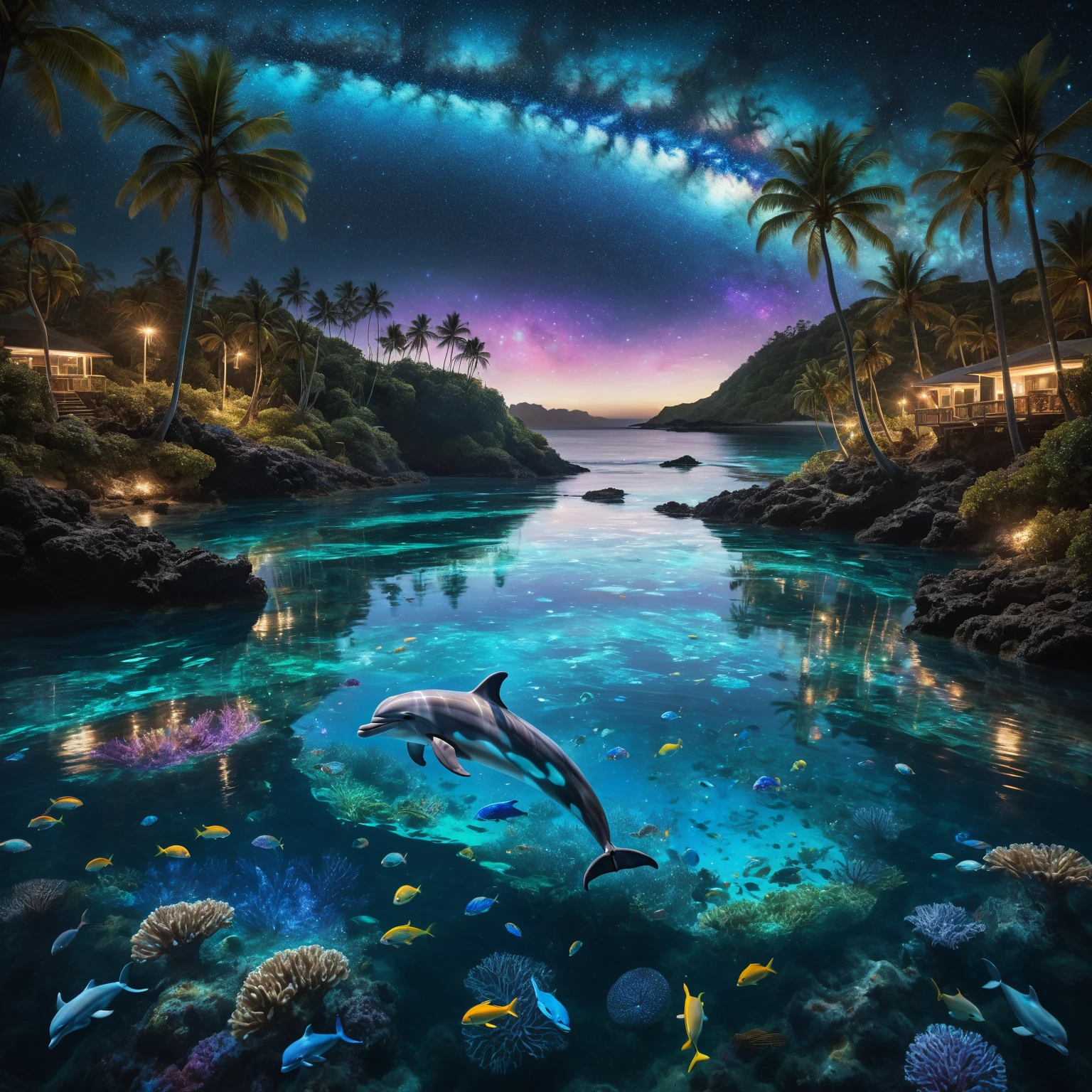 It features a turquoise blue lagoon stretching to the horizon on a very dark night, viewed from a high vantage point. To the left, there’s a beach lined with palm trees under a crystal-clear lagoon, where a detailed barrier reef, luminescent fishes, and jellyfishes are animated by delicate waves. In the starry sky, a swirling galaxy evolves into a giant blue eye, detailed and majestic, set against a backdrop adorned with nebulae and cosmic dust. The bright reflections of this blue eye and the starry sky intensely mirror on the water’s surface. A blonde woman with long hair, dressed in a celestial fabric shorty wetsuit, swims with a monofin through crystal clear water, revealing multicolored bioluminescent algae and rich marine life. A joyful dolphin leaps out of the water, adding life and movement to the scene. This work captures the essence of lunar luminism and fantastical realism, rendered in ultra-realistic 8k resolution for hyper-realistic finesse, evoking enchanted photography effects. It incorporates modern fantasy elements, a maximalist style, and matte painting techniques offering an expansive depth of field, all while preserving simple and pure reflections in the darkness