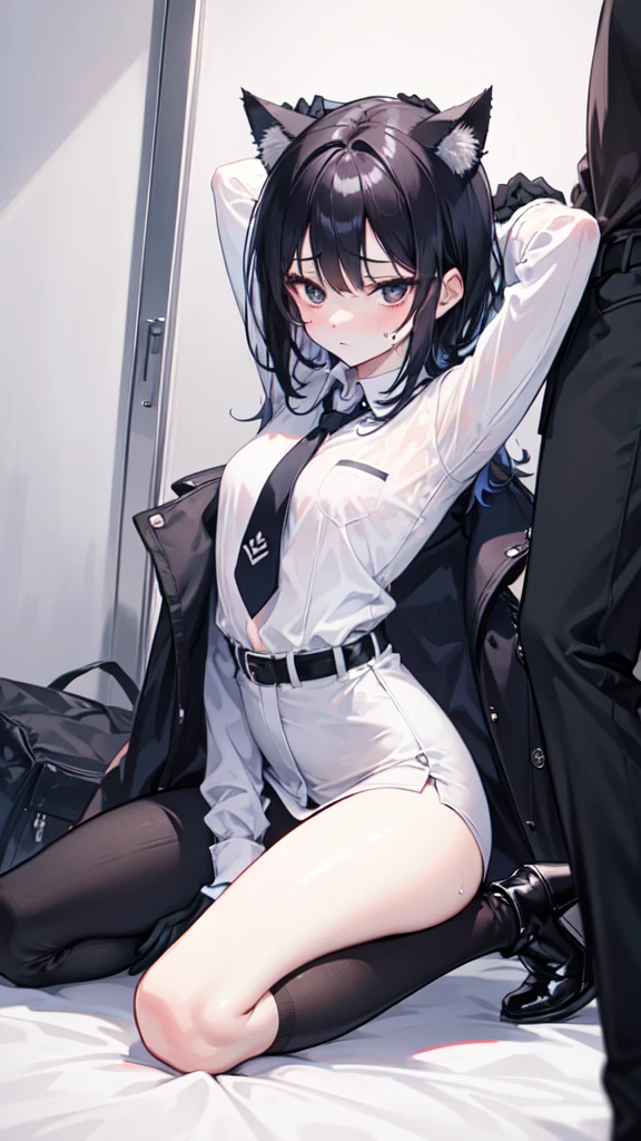 18-year-old girl,White and tender skin,cute,Wear a white long-sleeved shirt and a black jacket and a black work tie,Wear black trousers,Wear black booties,Wear white gloves,wear cat ear,Wearing a collar,Black hair,Black eyes,Very thin waist,Very thin legs,Handsome,Disdainful and cold expression,shy,blush,scared,Sweating,tired,pornography,porn action,is cumming