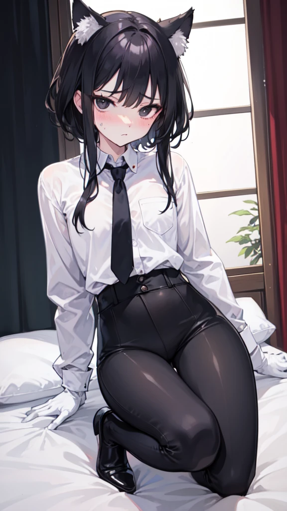 18-year-old Shota,cute,Wear a white long-sleeved shirt and a black work tie,Wear black pants,Wear black booties,Wear white gloves,wear cat ear,Black hair,Black eyes,Very thin waist,Very thin legs,Handsome,Disdainful and cold expression,shy,blush,Sweating,porn,Is giving sexual assault