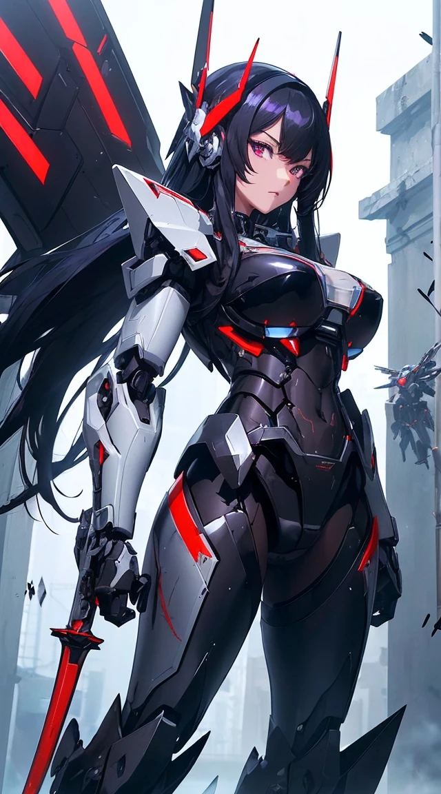 ((Shining lenses on both breasts:1.3))、((Pillars of red light radiate from both chests..:1.3))、((Attack pose:1.6))、((He has a red sword and a long rifle:1.6))、((Battle Scenes:1.8))、((8K)), ((32k)), ((Highest quality)), ((masterpiece)), ((超A high resolution)), ((Tmasterpiece)), ((Halation:1.4))、((Mechaニカルheadgear:1.2))、((Cyber Headphones:1.3))Fine skin, High quality fabric, High-quality metal texture、((Beautiful and dense face))、RAW Photos、Professional, Ultra-fine painting, ((alone)), Beautiful breasts、Highest quality, Very detailed, Very detailed詳細, Finer details, so beautiful, ((Black Knight Robot:1.2)), (Joint of the machine, Mechanical Limbs:1.3), (The internal structure of the machine is exposed:1.3), (Long black hair:1.1), (Beautiful and huge mechanical breasts)、White Veil, cowboy_shot, Side Focus, headgear, Shiny、(Five Fingers, Four fingers and thumb),Concept Art, Anime fantasy artwork, Detailed fantasy art, (Has light blue-purple hair and black wings,,,,,,), (((Long black hair))), (Mecha:1.6)、Sleek and intimidating design, (Jet black perfect robot body)、Jet black and reddish purple arms, Symmetrical wings, 8K High Resolution, Detailed Art, 3D rendering of character art in 8K, neat legs, Defined, Defined fingers,((headshot:1.6))