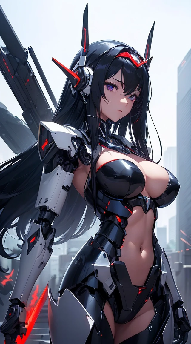 ((Shining lenses on both breasts:1.3))、((Pillars of red light radiate from both chests..:1.3))、((Attack pose:1.6))、((He has a red sword and a long rifle:1.6))、((Battle Scenes:1.8))、((8K)), ((32k)), ((Highest quality)), ((masterpiece)), ((超A high resolution)), ((Tmasterpiece)), ((Halation:1.4))、((Mechaニカルheadgear:1.2))、((Cyber Headphones:1.3))Fine skin, High quality fabric, High-quality metal texture、((Beautiful and dense face))、RAW Photos、Professional, Ultra-fine painting, ((alone)), Beautiful breasts、Highest quality, Very detailed, Very detailed詳細, Finer details, so beautiful, ((Black Knight Robot:1.2)), (Joint of the machine, Mechanical Limbs:1.3), (The internal structure of the machine is exposed:1.3), (Long black hair:1.1), (Beautiful and huge mechanical breasts)、White Veil, cowboy_shot, Side Focus, headgear, Shiny、(Five Fingers, Four fingers and thumb),Concept Art, Anime fantasy artwork, Detailed fantasy art, (Has light blue-purple hair and black wings,,,,,,), (((Long black hair))), (Mecha:1.6)、Sleek and intimidating design, (Jet black perfect robot body)、Jet black and reddish purple arms, Symmetrical wings, 8K High Resolution, Detailed Art, 3D rendering of character art in 8K, neat legs, Defined, Defined fingers,((headshot:1.6))