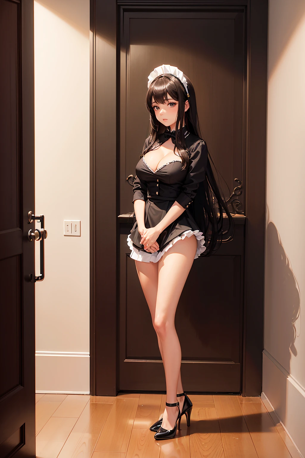 1woman(solo, full body view, frontal view, standing, hands folded in lap, facing camera), 30years old, sexy, beautiful, latina, dark tanned skin, dark brown hair, long hair, straight hair, shiny hair, green eyes, big eyes, shy, slim build, very long legs, medium firm breasts, perfectly groomed, maid uniform(very short skirt, big cleavage, no panties), maid headdress, black heels, eye contact, minimalistic room(white walls, wooden floor, minimalistic furniture, lots of flowers), best resolution, best quality, high quality, anime, ecchi, hentai