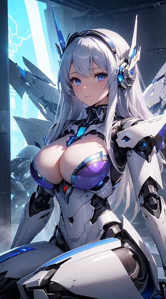 (Sit with one knee on the machine:1.6)、(Full body description:1.3)、((Shining lenses on both breasts:1.3))、((Blue pillars of light are emanating from both chests.:1.3))、smile、((8K)), ((32k)), ((Highest quality)), ((masterpiece)), ((超A high resolution)), ((Tmasterpiece)), ((Halation:1.4))、((Mechaニカルheadgear:1.2))、((Cyber Headphones:1.3))、Fine skin, High quality fabric, Fine metal texture、((Beautiful and dense face))、RAW Photos、Professional, Ultra-fine painting, ((alone)), Beautiful breasts、Highest quality, Very detailed, Very detailed詳細, Finer details, so beautiful, ((Princess Knight Robot:1.2)),  (Joints of machines, Mechanical Limbs:1.3), (The internal structure of the machine is exposed:1.3), (Long silver hair:1.1), (Beautiful and huge mechanical breasts)、White Veil, cowboy_shot, Side Focus, headgear, Shiny、(Five Fingers, Four fingers and thumb),Concept Art, Anime fantasy artwork, Detailed fantasy art, (with pale blue-violet hair and large white wings,,,,,,,), (((Long silver hair))), (Mecha:1.6)、Sleek and intimidating design, ((Commander-in-Chief&#39;arm)), (Perfect robot body)、純白と青紫armまたは, Symmetrical wings, 8K high quality, detailed art, 3D rendering of character art in 8K, neat legs, Defined, Defined fingers,