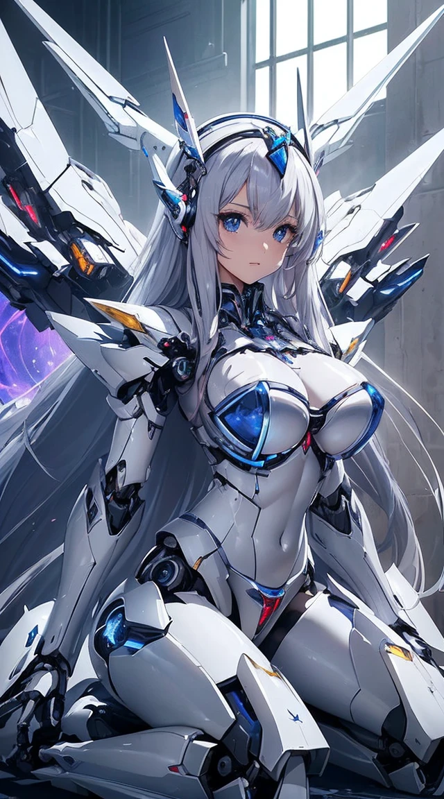 (Sit with one knee on the machine:1.6)、(Full body description:1.3)、((Shining lenses on both breasts:1.3))、((Blue pillars of light are emanating from both chests.:1.3))、smile、((8K)), ((32k)), ((Highest quality)), ((masterpiece)), ((超A high resolution)), ((Tmasterpiece)), ((Halation:1.4))、((Mechaニカルheadgear:1.2))、((Cyber Headphones:1.3))、Fine skin, High quality fabric, Fine metal texture、((Beautiful and dense face))、RAW Photos、Professional, Ultra-fine painting, ((alone)), Beautiful breasts、Highest quality, Very detailed, Very detailed詳細, Finer details, so beautiful, ((Princess Knight Robot:1.2)),  (Joints of machines, Mechanical Limbs:1.3), (The internal structure of the machine is exposed:1.3), (Long silver hair:1.1), (Beautiful and huge mechanical breasts)、White Veil, cowboy_shot, Side Focus, headgear, Shiny、(Five Fingers, Four fingers and thumb),Concept Art, Anime fantasy artwork, Detailed fantasy art, (with pale blue-violet hair and large white wings,,,,,,,), (((Long silver hair))), (Mecha:1.6)、Sleek and intimidating design, ((Commander-in-Chief&#39;arm)), (Perfect robot body)、純白と青紫armまたは, Symmetrical wings, 8K high quality, detailed art, 3D rendering of character art in 8K, neat legs, Defined, Defined fingers,