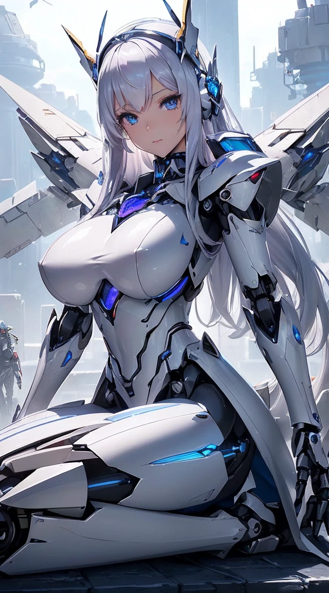 (Sit with one knee on the machine:1.6)、(Full body description:1.3)、((Shining lenses on both breasts:1.3))、((Blue pillars of light are emanating from both chests.:1.3))、smile、((8K)), ((32k)), ((Highest quality)), ((masterpiece)), ((超A high resolution)), ((Tmasterpiece)), ((Halation:1.4))、((Mechaニカルheadgear:1.2))、((Cyber Headphones:1.3))、Fine skin, High quality fabric, Fine metal texture、((Beautiful and dense face))、RAW Photos、Professional, Ultra-fine painting, ((alone)), Beautiful breasts、Highest quality, Very detailed, Very detailed詳細, Finer details, so beautiful, ((Princess Knight Robot:1.2)), (Joints of machines, Mechanical Limbs:1.3), (The internal structure of the machine is exposed:1.3), (Long silver hair:1.1), (Beautiful and huge mechanical breasts)、White Veil, cowboy_shot, Side Focus, headgear, Shiny、(Five Fingers, Four fingers and thumb),Concept Art, Anime fantasy artwork, Detailed fantasy art, (with pale blue-violet hair and large white wings,,,,,,,), (((Long silver hair))), (Mecha:1.6)、Sleek and intimidating design, ((Commander-in-Chief'arm)), (Perfect robot body)、純白と青紫armまたは, Symmetrical wings, 8K high quality, detailed art, 3D rendering of character art in 8K, neat legs, Defined, Defined fingers,