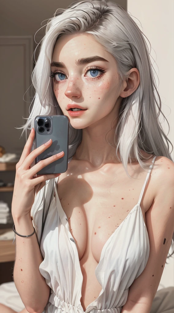 (masterpiece, high quality, best quality:1.1), fantasy style, 
woman, eva, (white hair), , (blue-gray eyes), (freckles), dress,
phonepose, holding cellphone,
extremely detailed, extremely intricate, fine texture, Extremely high-resolution details, detailed hair, sharp focus, vibrant colors, soft lighting,