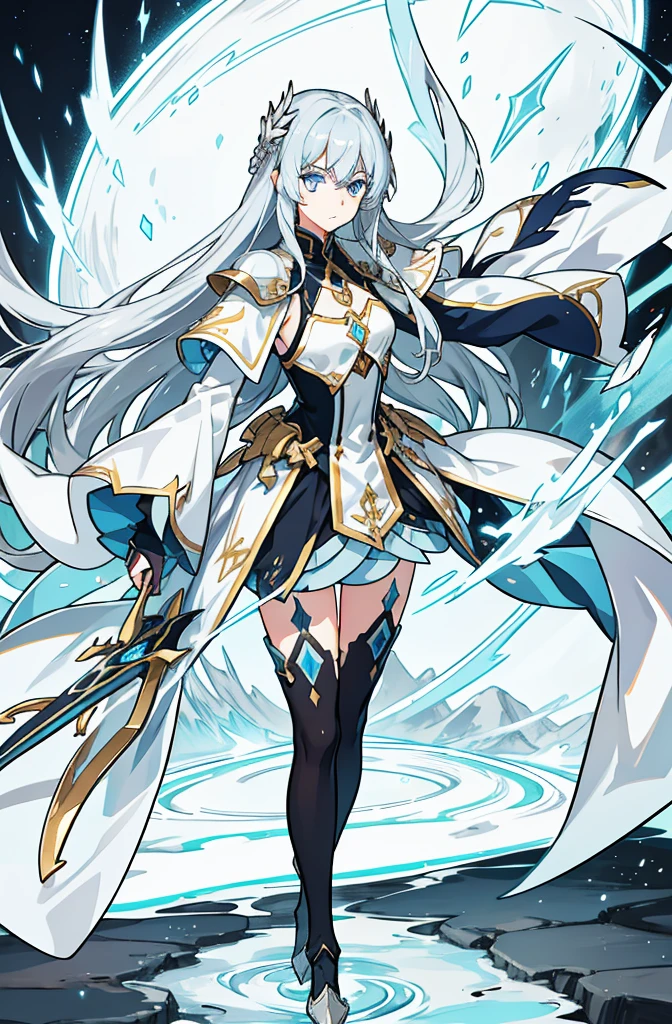long silver hair，girl with crystal blue eyes，He was wearing tights that looked like battle uniforms..，Parts such as wrists and knees are made of hard armor.、.，No expression，There is no emotion in the eyes，extremely cold，Light and dark backgrounds，long white sword，((whole body)),