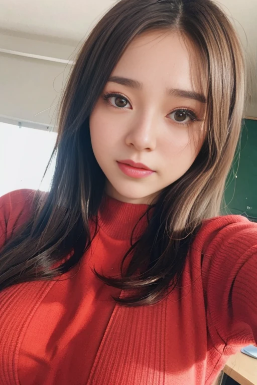 Random pose、Highest quality、Ultra-high resolution、(Photorealistic:1.5)、1 girl、Red sweater、(Brown Hair:1.2)、(Big Breasts:1.2)、classroom、View your viewers、Close-up、Esbian all over、Bad Eyes