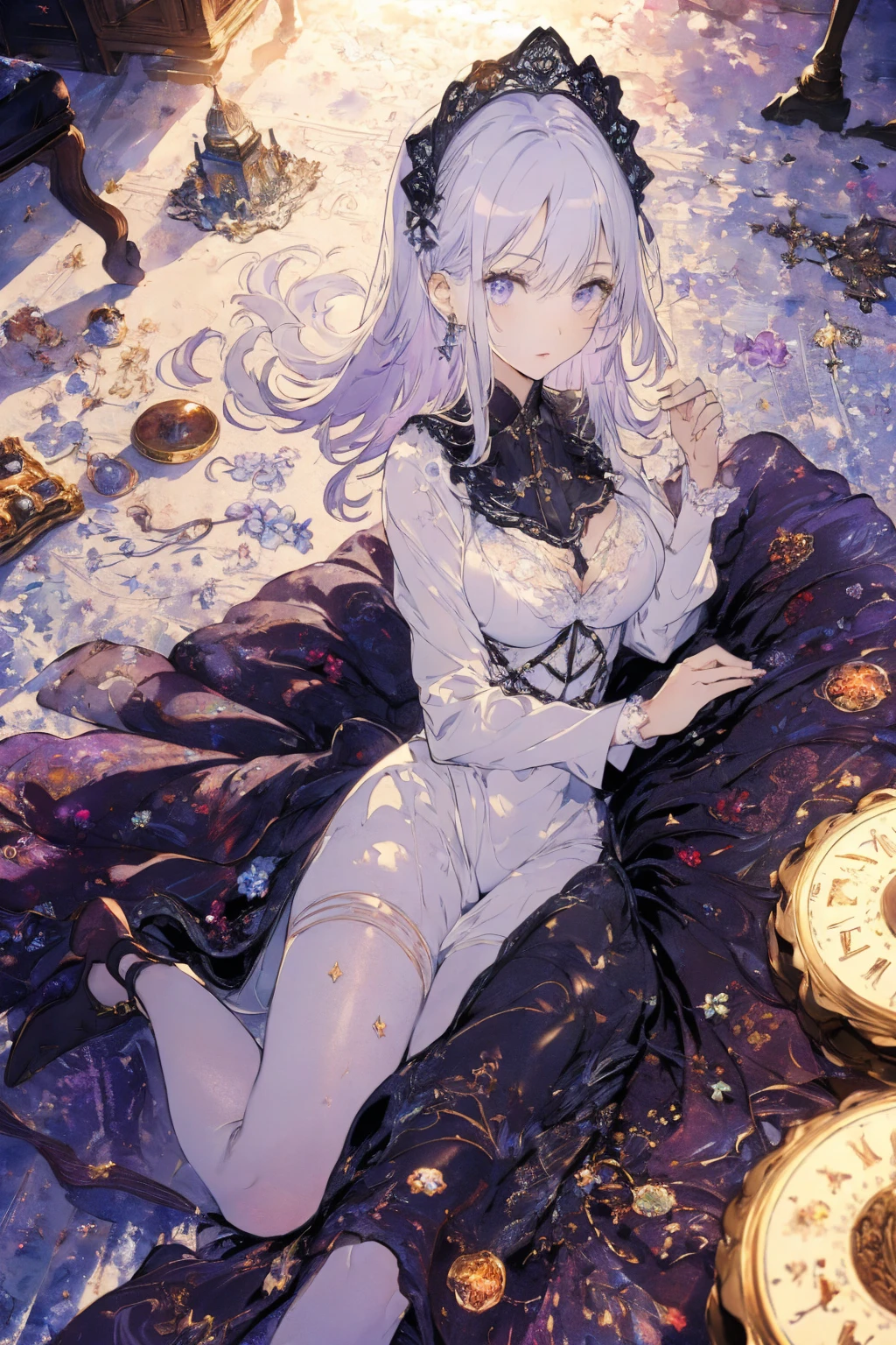 (Landscape photo, with a woman in the bottom right of photo:1.5, in white room with many clocks:1.5, Official art using high-quality hand-drawn watercolor sketch techniques), Masterpiece, best quality, (very detailed CG unity 8k wallpaper), (best quality), High definition RAW color art, Animation,sculptures, (black Marble Skin), (((Ultra detailed elegant))), Magical atmosphere, Detailed skin, Texture,(Intricately detailed, Fine detail, ultra-detail art), depth of fields, Bokeh, Silky Touch, Hyper Detail, beautiful eyes, elegant face, (lying on floor, looking from below), sparkle background, enormous breast:1.3, (silver hair), pure white, muscle, embarrassing face, ドラマチックな光, maid costume, spread breast, pastel purple