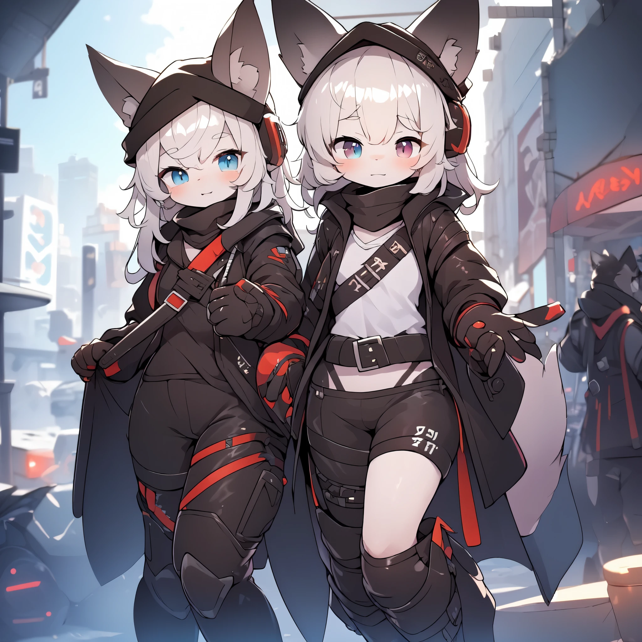 Kawaii, Striped Fluffy Fox, emaciated, long hair, 3girls, artificial synthetic skin, life support prosthetics, digital headphones, black tight latex bodysuit, white long dress, thigh-high-socks, shorts, loose off-the-shoulder hood open jacket, holsters in thigh, Mechanical boots, tactical knee pads, tactical belted loose Arm Sleeves, cybernetic Display gloves, chest rigs, tactical belts, blue archive halo, bulletproof goggles on forehead, from Ark nights, ray tracing, depth of field, bloom, masterpiece, ccurate, high details, highres