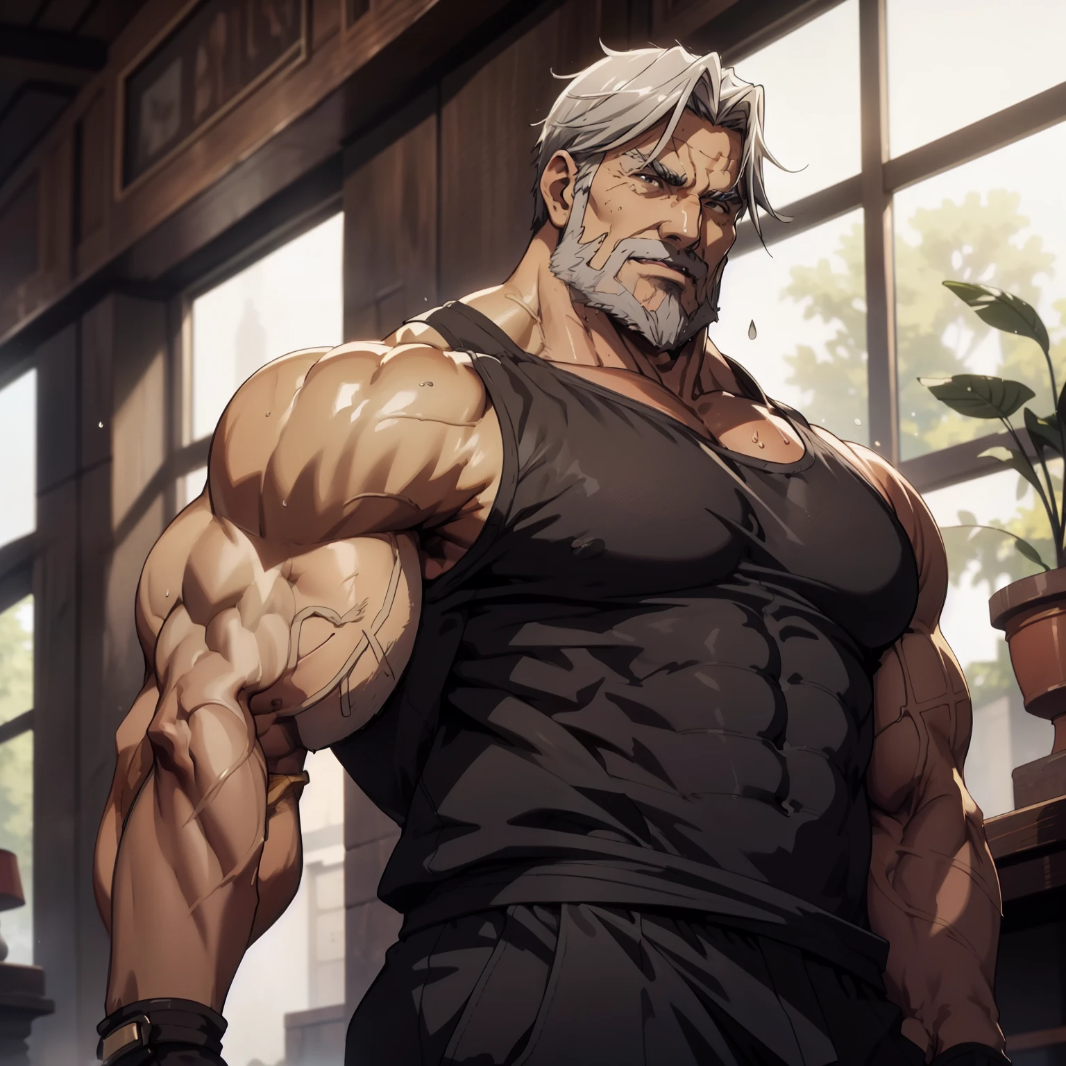 One sebas, one man, 1man, very lewd, Stately, lateral view, below point of view, fully body, aged 50, short gray hair , thick gray beard, dark olive skin color, wide pectorals, huge pecs, sultry posing, he is in fourth, laughing at the spectator, wearing a tight white tank top, body soaking wet, bare arms, large bulge in the groin, thick-thighs, Wonderful highly detailed masterpiece, beautiful cinematic light deep focus, chic, digitalpainting, seeds, sharp focus, golden ratio, dramatic lighting, 8K