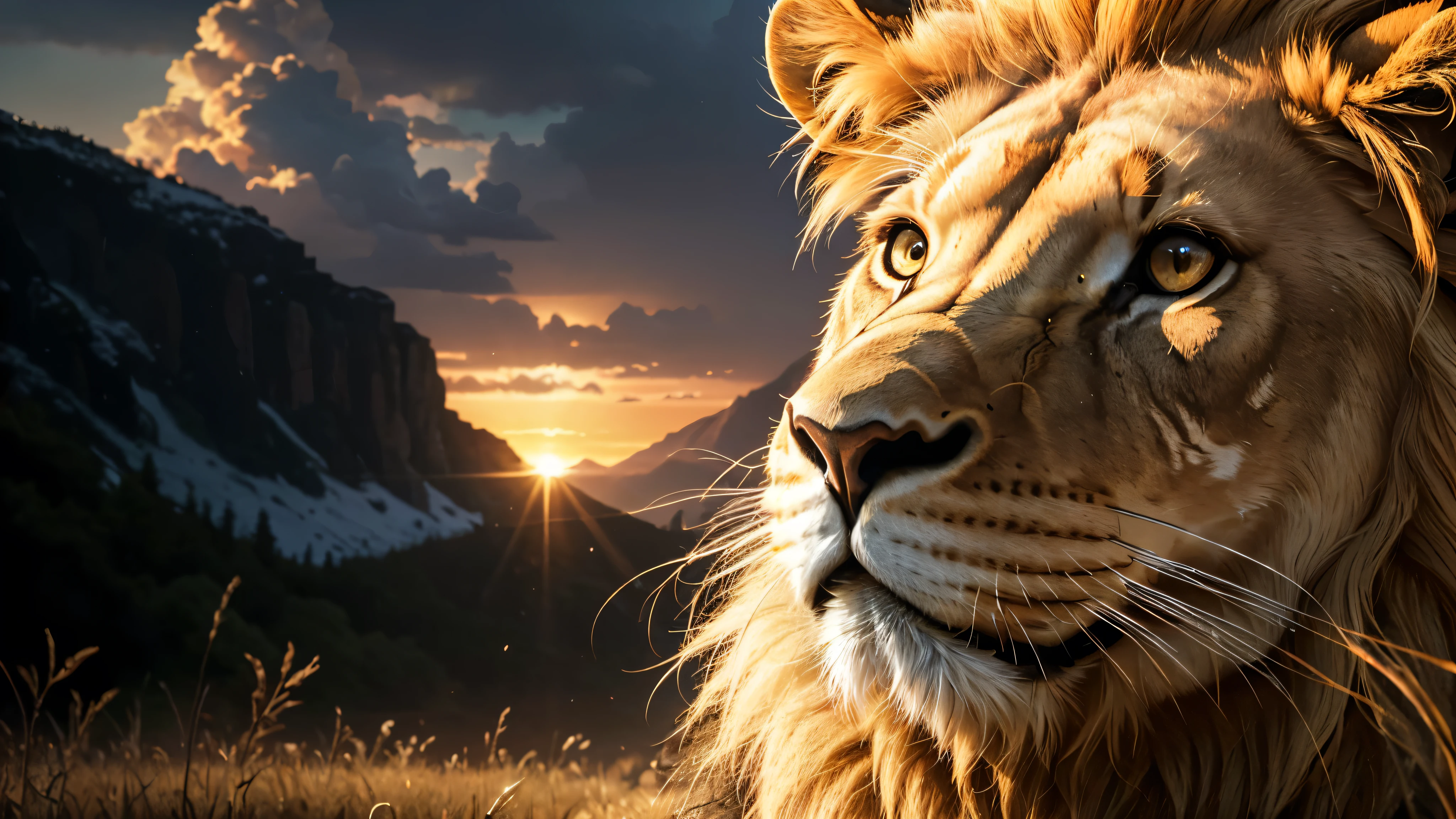 Lion, Divine Lion, Detailed Realistic Lion 16K, Golden Lion, Strong Lion, 16K realistic detailed, Luz solar realista 8K, Detailed realistic solar energy, Luz naturals realista detalhada, Solar Power Screws, ULTRAHD Photorealism, Ultra-realistic detailed colors, Texturas Detalhadas photorrealistics 16K, Contraste Natural 8K, Ultra Detalhado 8K, Nitidez 8K photorrealistic, golden light, black and gold, naturals, Linda, Rendering, photorrealistic, UltraHigh definition, 4K, detailed textures, thunder, detailed shadows, detailed colors, SUNSET, SUNSET, SUNSET, naturals Linda, Great Divine, SUNSET, detailed contrast, realistic contrast, high resolution, detailed colors, fire, villany, divine creature, 8K Realista Detalhado, 16K, 8K, High definition, detailed contrast, realistic contrast, high resolution, detailed colors, fire, villany, divine creature, 8K, realistic detailed, posh,