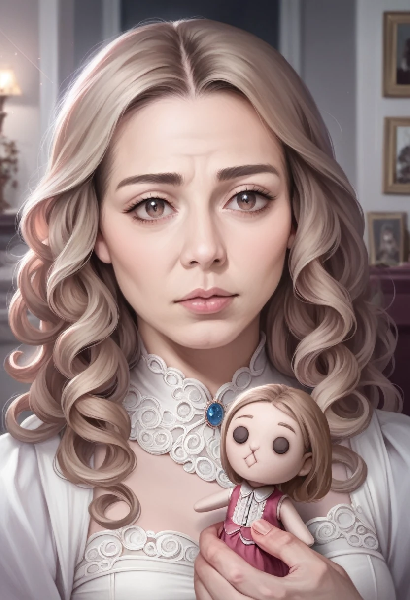 a beautiful blythe doll, straight light brown hair with a middle part, light brown eyes, long eyelashes, slightly straight brown eyebrows, porcelain skin, delicate facial features, intricate details, serene expression, 1girl, (best quality,4k,8k,highres,masterpiece:1.2),ultra-detailed,(realistic,photorealistic,photo-realistic:1.37),high quality, studio lighting, extremely detailed, sharp focus, vivid colors, elegant, doll,cute,kawaii
