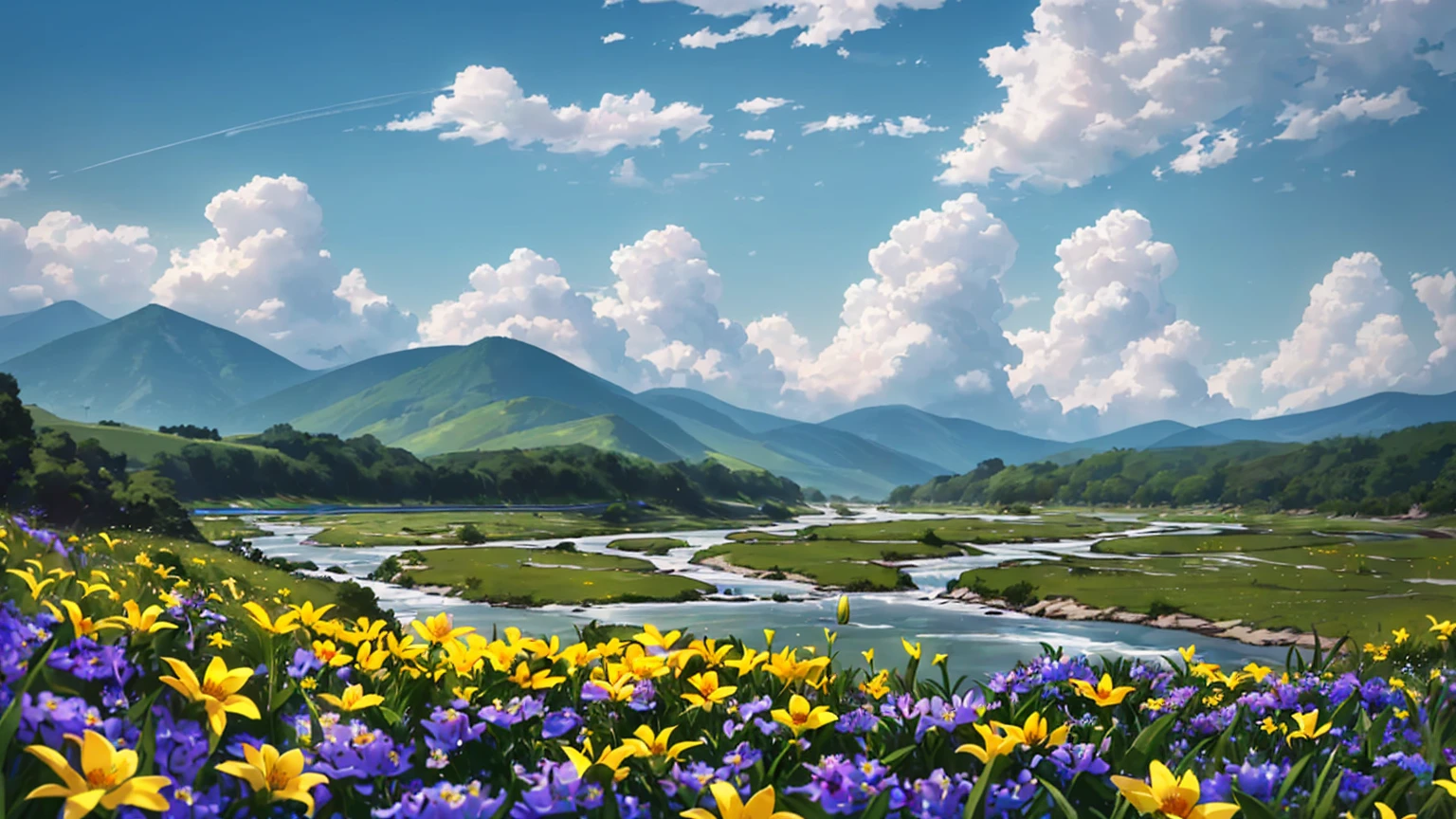 16k quality, masterpice, epic light, many Sunshine with yelow-white color, natural Subsurface scattering on plants, big and gorgeous skies, ultra detailed flowers with different colors in prim plan, dinamic river being by grass, contrast and joyfull and bright real-nature colors, defined flowers, proportional flowers, very bright day
