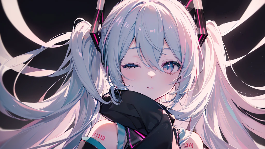 ((Black background)), (Eyes closed)), (((Hatsune Miku))), (((Highest quality、masterpiece、Ultra-fine、Ultra-fine、Exquisite、16K、Full HD,high school girl,))) 、Dark Eyes、Long eyelashes、White skin、(Pale pink lips、Pale pink cheeks、thin and long)、 ((cute)) ((One person)) 、((Black background))