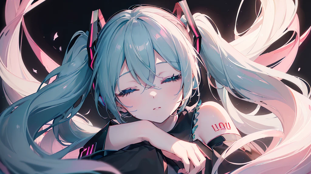 ((Black background)), (Eyes closed)), (((Hatsune Miku))), (((Highest quality、masterpiece、Ultra-fine、Ultra-fine、Exquisite、16K、Full HD,high school girl,))) 、Dark Eyes、Long eyelashes、White skin、(Pale pink lips、Pale pink cheeks、thin and long)、 ((cute)) ((One person)) 、((Black background))