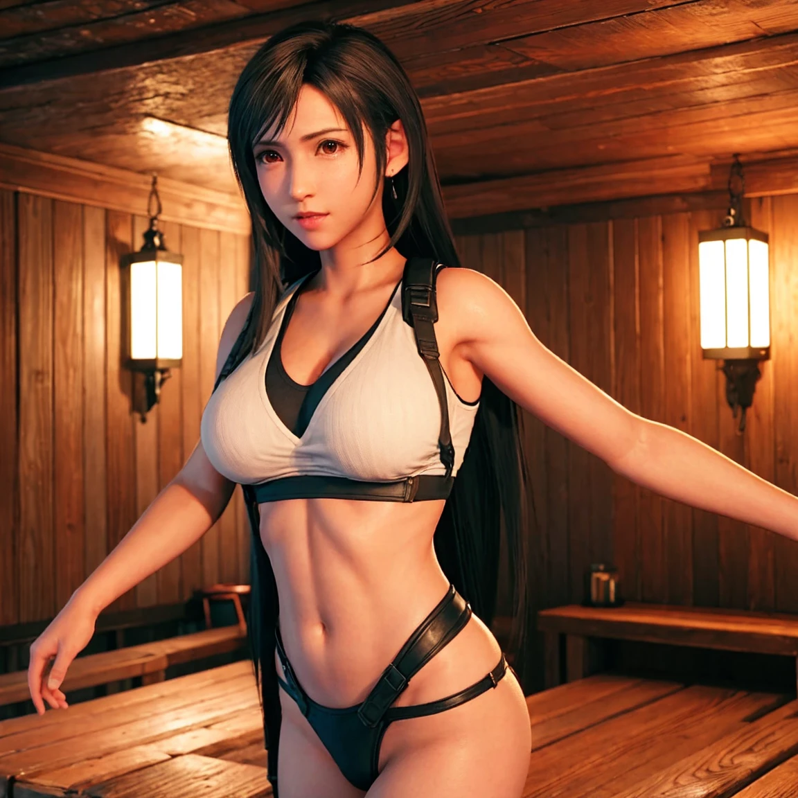 Tifa in a jacuzzi, naked, whole body, pose sensual, round ass, big breasts and light brown eyes. 8k, Best Quality, masterpiece 1.2