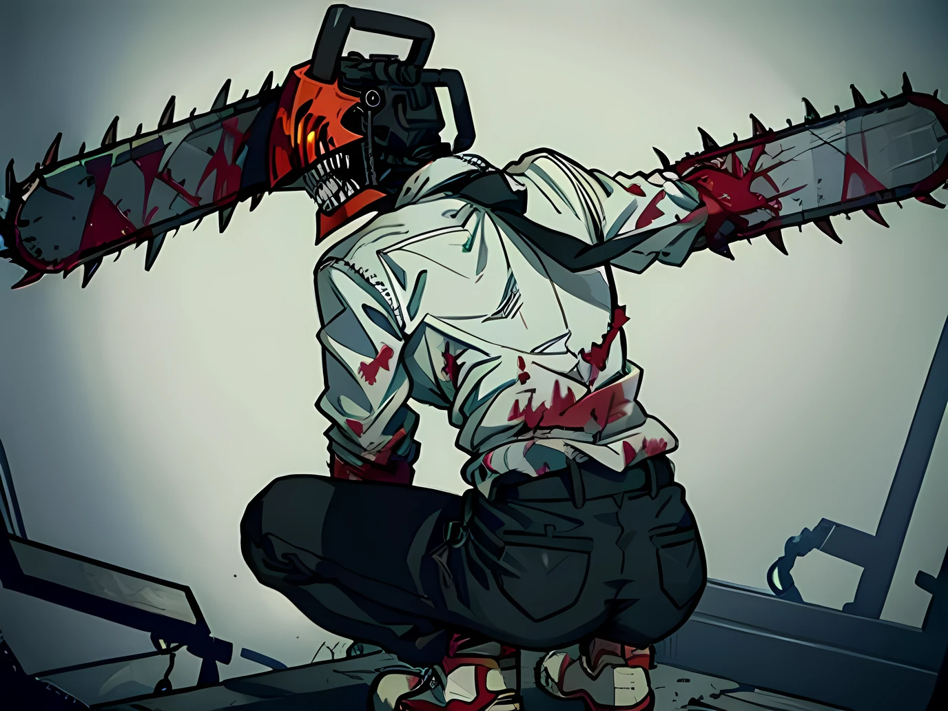 djb, monster boy, sharp teeth, chainsaw, blood on clothes, back view, squatting, crestfallen, backwards, collared shirt, black pants, closed mouth, masterpiece, best quality