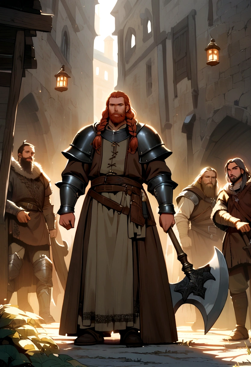 cartoon character, Young man, long hair, braided, Beard with braids, Large Axe , medieval fantasy