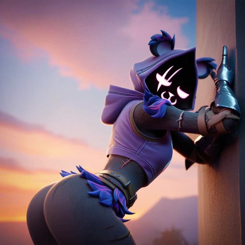 Raven team leader,purple hoodie, with no face, shadowed face, animal ears,purple skin, scar on eye, body skin, purple fur, waist belt, torso symbol, metal gloves, pointing your ass at the viewer, leaning forward, pushing, she closes her eyes, hands resting on top of a small wall, arms on top of a wall with her eyes closed, expression of force. scenery and a sunny day