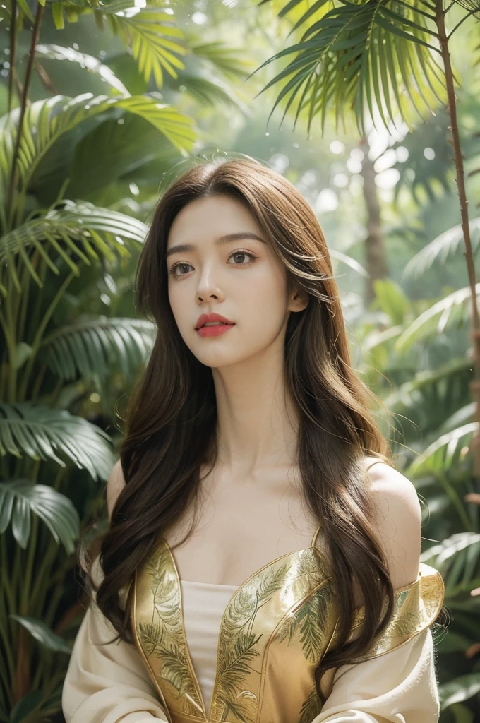 (((best quality))),(((ultra detailed))),(((masterpiece))),illustration,1girl,solo,enchanting beauty, elegance, confidence,shoulder length straight hair,slim,thin,flat chest,small breasts,standing,vibrant red lipstick, sleek forest green dress, above knees, s intricate floral patterns, stylish boots, calf-high, adventure, lush prehistoric forest, Jurassic Park, (vibrant pink dinosaur:1.2), pastel scales, tall proud, long neck, massive rounded body, majestic presence, powerful legs, gentle intelligent eyes, unforgettable bond, towering ferns, lush undergrowth, captivating backdrop, vines, towering trees, delicate flowers, sweet scent, gentle rustling, soft melodic breeze, mystical, adventure, wonder, extraordinary encounter, timeless journey, etched in time, extraordinary encounters, unknown,((from front,upper body))