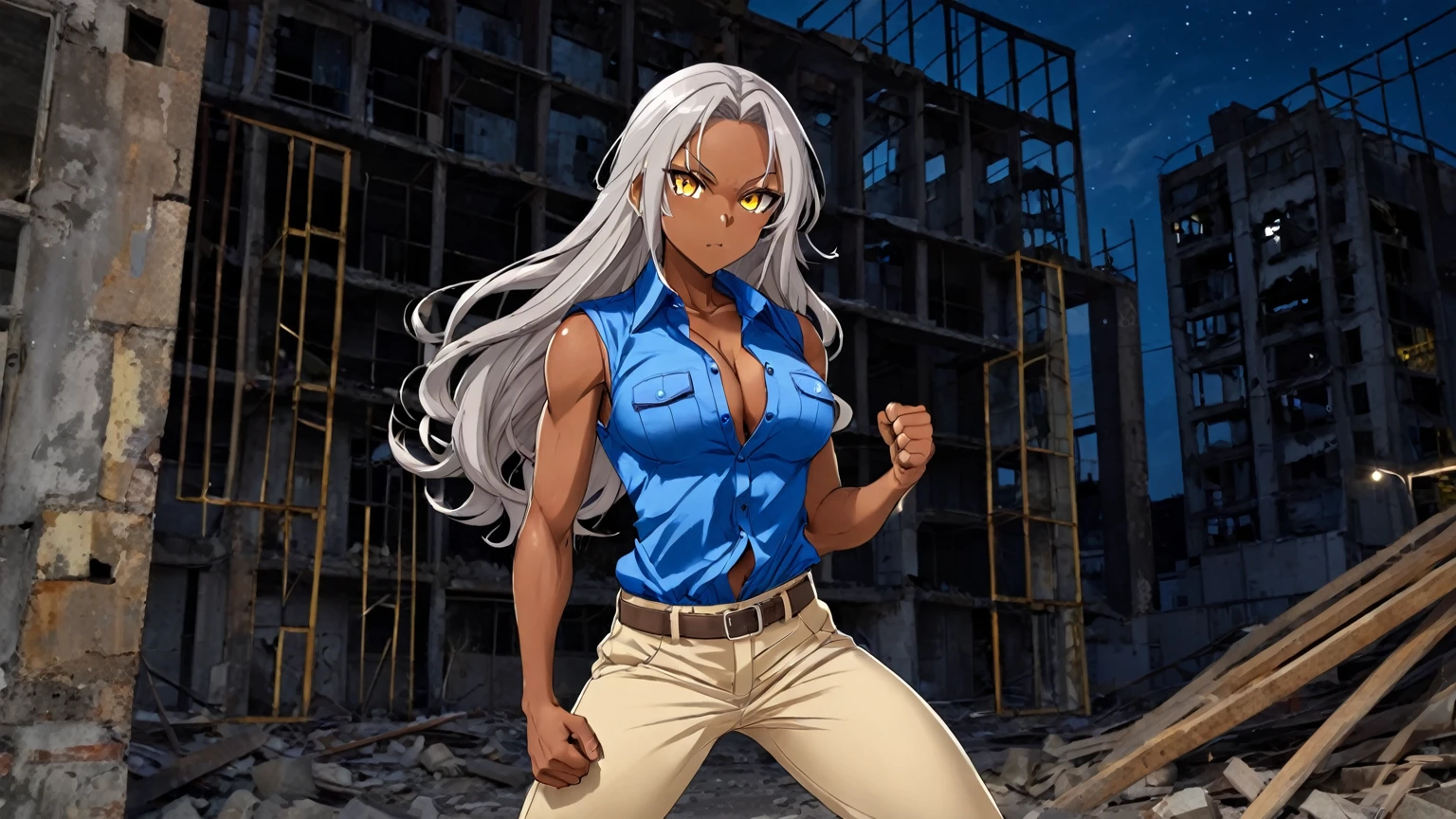 Brown skin beautiful sexy anime girl with long silver hair & yellow eyes & a muscular body, clenching her fists, fight idle pose, wearing blue sleeveless button up collared shirt & beige khaki pants, in a abandoned urban construction site at night time, 1girl