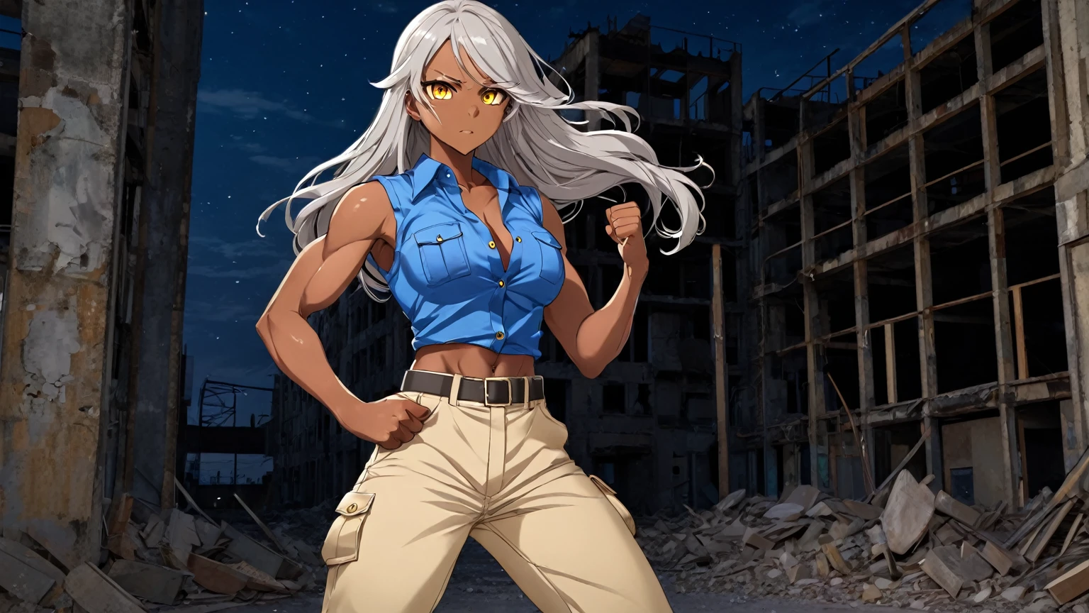 Brown skin beautiful sexy anime girl with long silver hair & yellow eyes & a muscular body, clenching her fists, fight idle pose, wearing blue sleeveless button up collared shirt & beige khaki pants, in a abandoned urban construction site at night time, 1girl