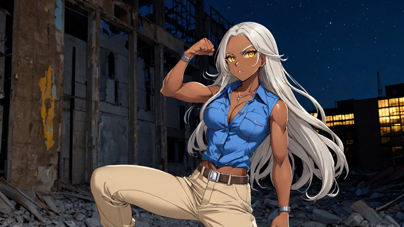 Brown skin beautiful sexy anime girl with long silver hair & yellow eyes & a muscular body, clenching her fists, fight idle pose, wearing blue sleeveless button up collared shirt & beige khaki pants, in a abandoned urban construction site at night time, 1girl