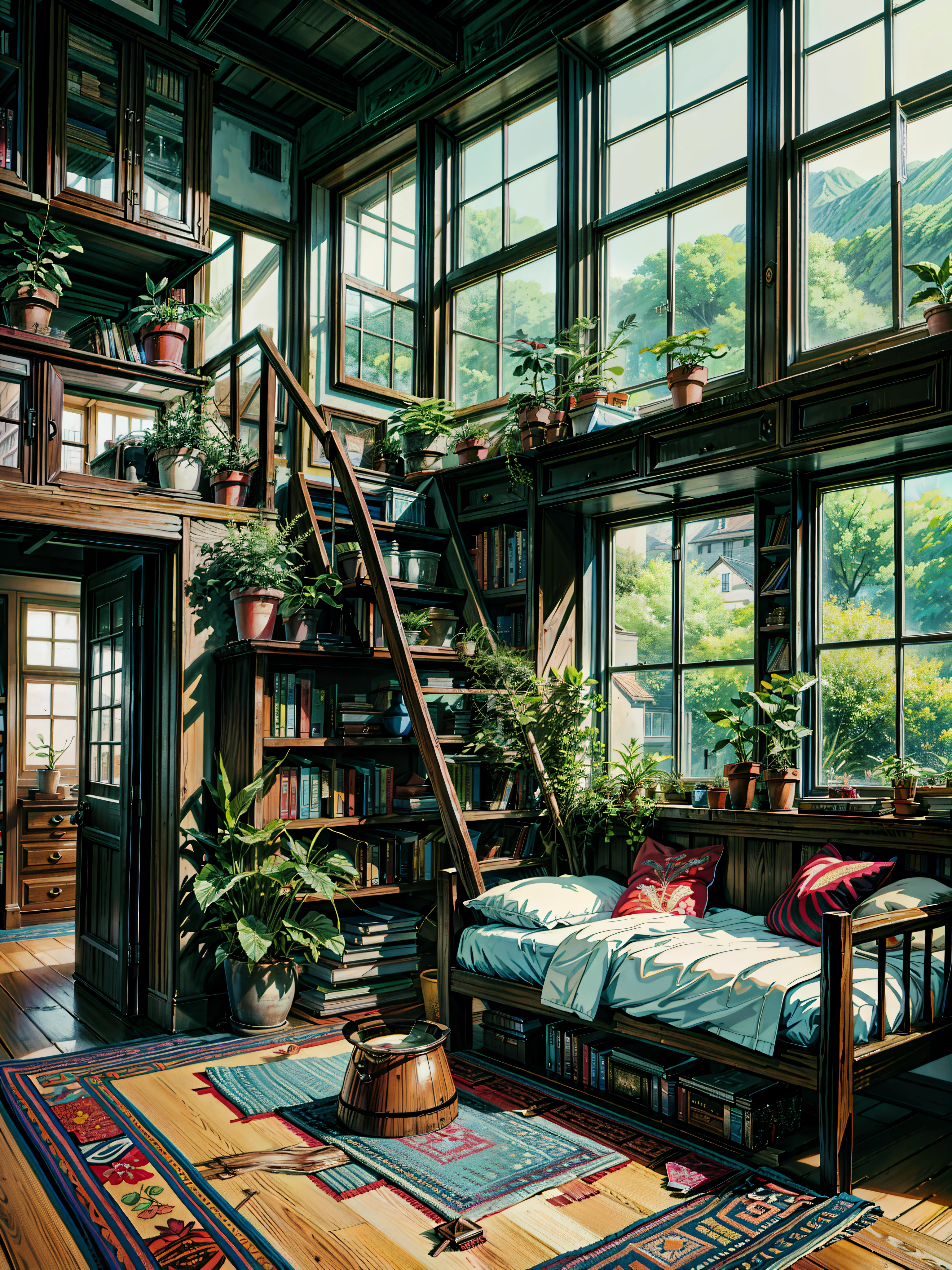 a room filled with many books and plants, an overgrown library, Bookcases, Reading corner, room full of plants, floor to ceiling window, full of plants, covered with plants, shelving, Giant stacks of books, Bookshelf, cozy bedroom in the tree house, photo of a loft in the morning, book cave, A cozy old Victorian loft, 4k high definition,, beautiful art uhd 4k, A beautiful artistic illustration., beautiful digital painting, very detailed digital painting, Beautiful digital artwork, detailed painting 4k, very detailed digital painting, rich and picturesque colors, beautiful digital painting