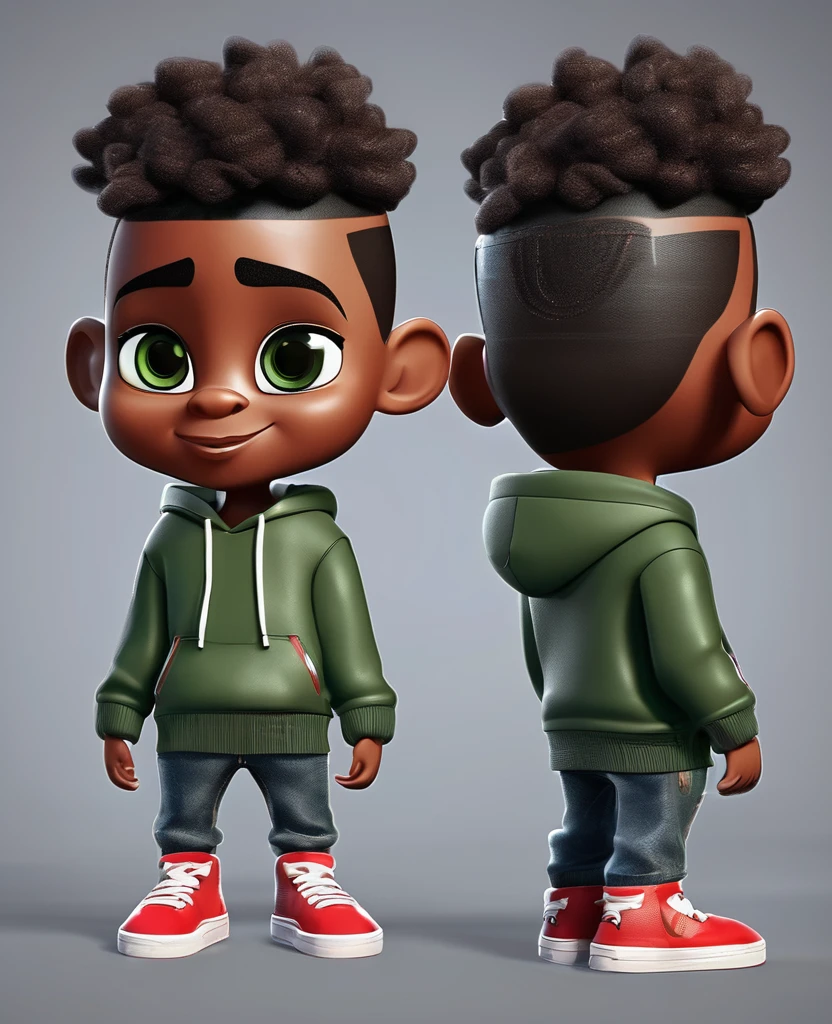 cartoon character, 3D renderings, cute detailed digital art, 3D characters a black boy in a dark green sweatshirt, eyes browns, denim trousers, red sneakers dark short wavy hair