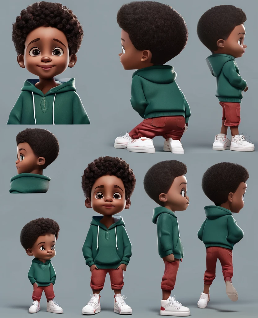 cartoon character, 3D renderings, cute detailed digital art, 3D characters a black boy in a dark green sweatshirt, eyes browns, denim trousers, red sneakers dark short wavy hair