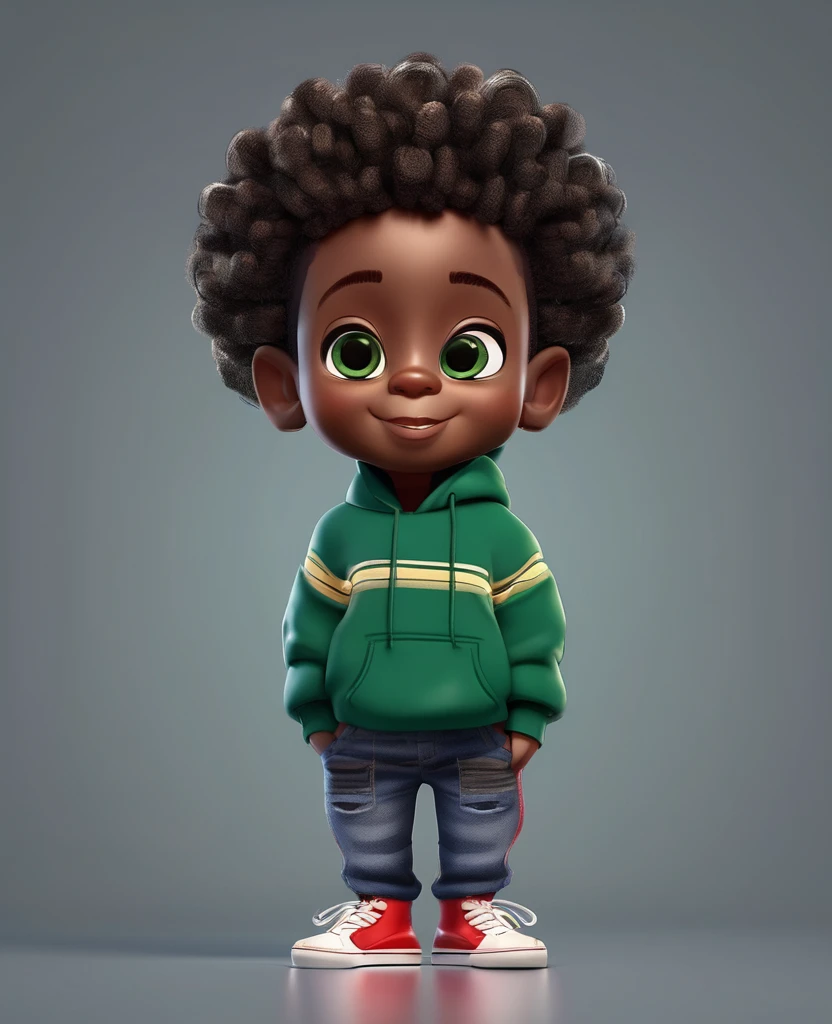 cartoon character, 3D renderings, cute detailed digital art, 3D characters a black boy in a dark green sweatshirt, eyes browns, denim trousers, red sneakers dark short wavy hair 