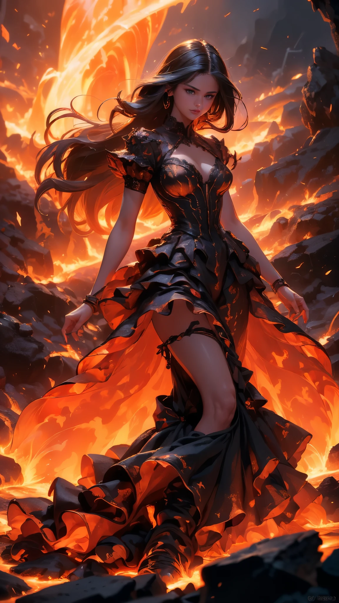 (La Best Quality,A high resolution,Ultra - detailed,current),Selena Gomez in a dress made of lava magma, (cabello elemento fuego:1.4 ) , (fire magma dress :1.4), ,(Ruined dungeon ruins background:1.4 ), More detailed 8K.unreal engine:1.4,uhd,La Best Quality:1.4, photorealistic:1.4, skin texture:1.4, Masterpiece:1.8,first work, Best Quality,object object], (detailed face features:1.3),(The correct proportions),(Beautiful blue eyes),  (dynamic cowboy pose), (Selena Gomez :1.4), (perfect anatomy :1.4),( cinematic lighting :1.4), (face detailed Selena Gomez :1.4), (magma alas grandes :1.4),( magma lingerie lace style :1.4), (skirt lifted by itself: 1.1), (skirt lift: 1.3), (showing white panties: 1.3), (fire element:1.4),(It consists of a fire element, (rodeado de magma lava:1.4), (vestido de magma V2.1), (piedras grandes magma negro :1.4), (including wisps of flames:1.4) , glowing hot embers, (subtle curls of smoke:1.4) , and a beautiful fire druid. (The druid stands in the midst of a raging inferno with an interesting composition:1.4) .(lava :1.4), (essence of fire:1.4) , painting of a firery demon elemetal