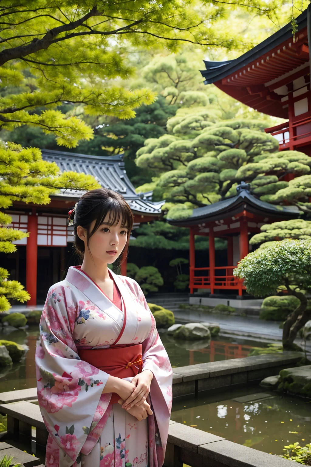 standing in a Japanese garden、shrine、Temple、Beautiful woman、Very large breasts、(looking at viewer)、nature、kimono、Japanese clothing、Details of the skin、real、Dim lighting、mysterious、A scene from a movie