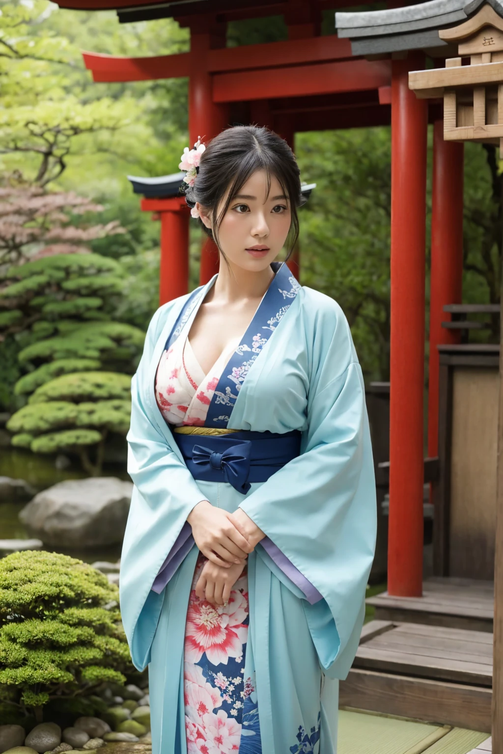 standing in a Japanese garden、shrine、Temple、Beautiful woman、Very large breasts、(looking at viewer)、nature、kimono、Japanese clothing、Details of the skin、real、Dim lighting、mysterious、A scene from a movie